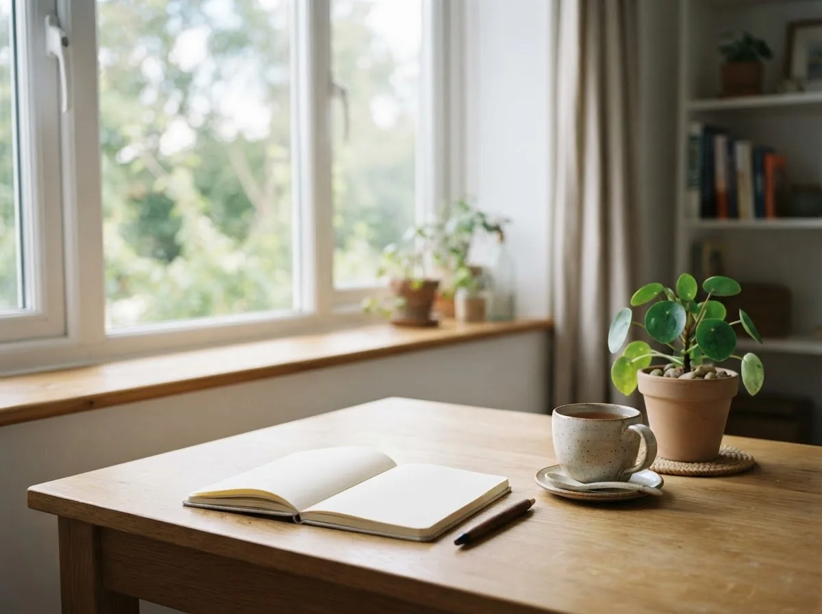 Bright workspace with Aurana bottle and wellness items