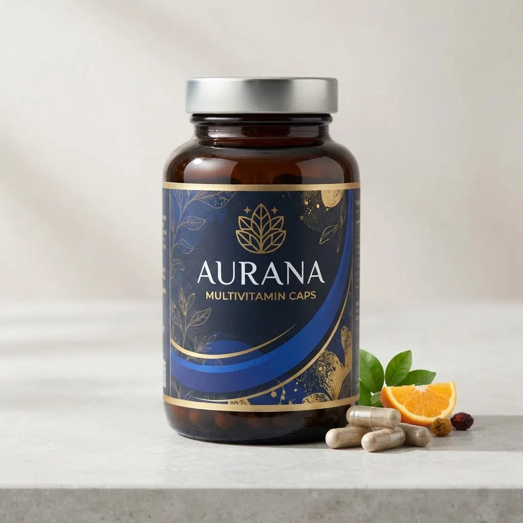 Aurana Multivitamin Caps bottle with vitamins